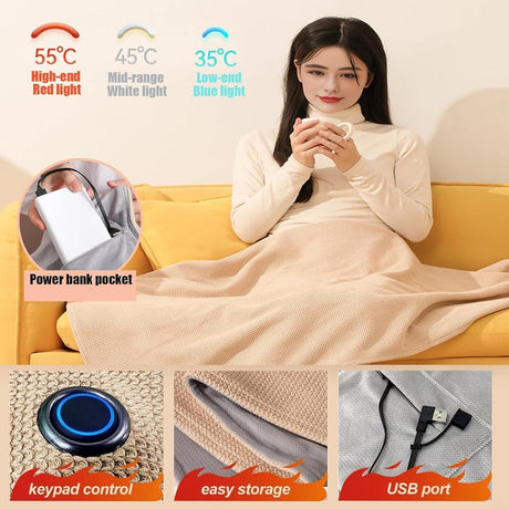 USB Power Supply Electric Heated Blanket Shawl Portable Wearable Heated Throw 3 Heat Levels Machine Washable Cozy 62x32 Inches,Apricot