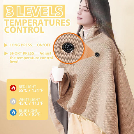 USB Power Supply Electric Heated Blanket Shawl Portable Wearable Heated Throw 3 Heat Levels Machine Washable Cozy 62x32 Inches,Apricot