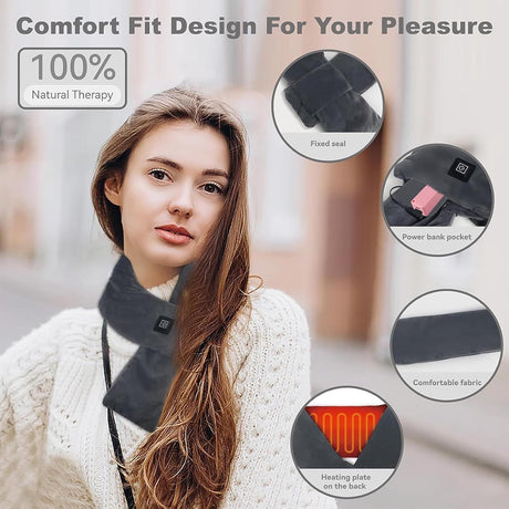Heated Scarf for Women & Men, Rechargeable Neck Heating Wrap with 3 Heat Settings, Portable Electric Neck Warmer, Fast Heating for Office, Outdoor Winter Warm Gift,Black