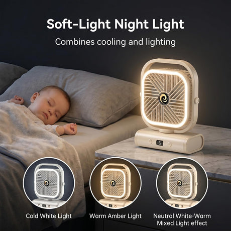 White USB Desk Fan, 5 Speeds Quiet Table Fan with 90° Oscillation, Plug-in Small Desktop Fan with Night Light for Bedroom, Home Office