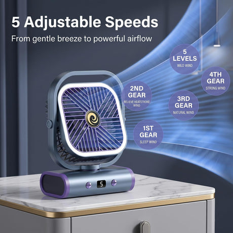 Grey USB Desk Fan, 5 Speeds Quiet Table Fan with 90° Oscillation, Plug-in Small Desktop Fan with Night Light for Bedroom, Home Office