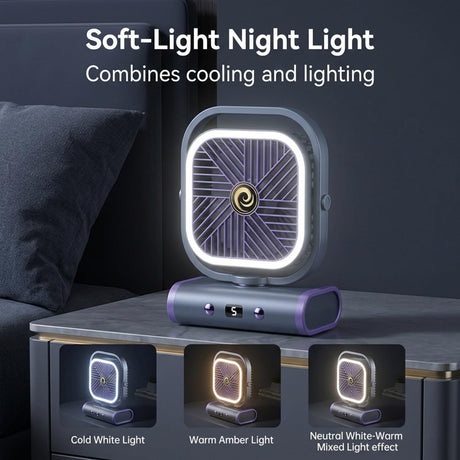Grey USB Desk Fan, 5 Speeds Quiet Table Fan with 90° Oscillation, Plug-in Small Desktop Fan with Night Light for Bedroom, Home Office