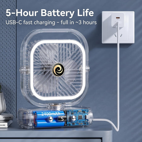 Grey USB Desk Fan, 5 Speeds Quiet Table Fan with 90° Oscillation, Plug-in Small Desktop Fan with Night Light for Bedroom, Home Office