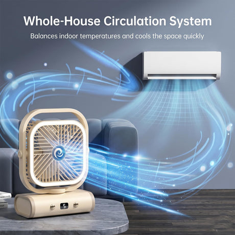 White USB Desk Fan with 2400mAh Rechargeable Battery, 5 Speeds Quiet Table Fan, 90° Oscillation, Small Desktop Fan with Night Light