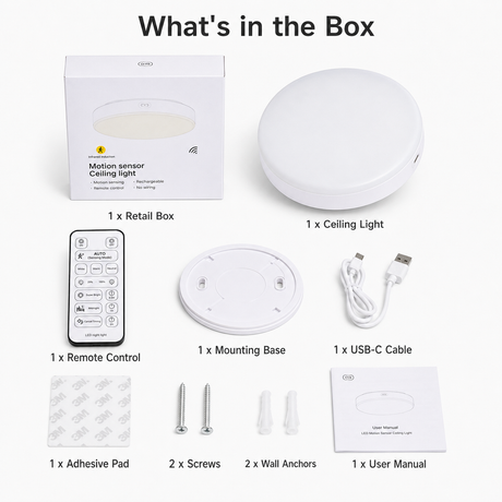 Rechargeable Motion Sensor Ceiling Light, 10000mAh Battery Operated LED Ceiling Light with Remote, Wireless Stick On Closet Light, 3 Color Dimmable Flush Mount Light, USB-C, for Hallway Stairway