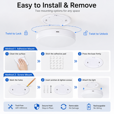 Rechargeable Motion Sensor Ceiling Light, 10000mAh Battery Operated LED Ceiling Light with Remote, Wireless Stick On Closet Light, 3 Color Dimmable Flush Mount Light, USB-C, for Hallway Stairway