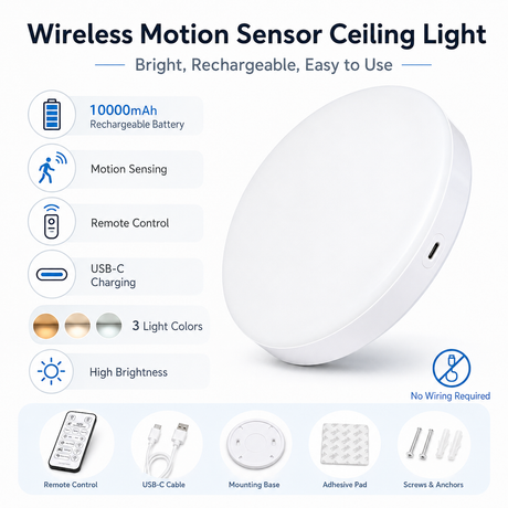 Rechargeable Motion Sensor Ceiling Light, 10000mAh Battery Operated LED Ceiling Light with Remote, Wireless Stick On Closet Light, 3 Color Dimmable Flush Mount Light, USB-C, for Hallway Stairway