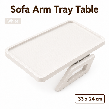 Bamboo Sofa Arm Tray Table, Clip-On Couch Armrest Table for Recliners and Armchairs, TV Dinner, Drink, Snack and Remote Holder, White Rectangular, 13 x 9.4 Inch