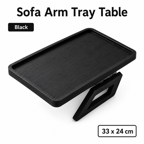 Bamboo Sofa Arm Tray Table, Clip-On Couch Armrest Table for Recliners and Armchairs, TV Dinner, Drink, Snack and Remote Holder, Black Rectangular, 13 x 9.4 Inch