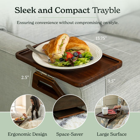 Bamboo Sofa Arm Tray Table for Couch Armrests, Space-Saving TV Dinner, Drink, Snack and Remote Holder, Dark Brown Rounded Rectangle, 13 x 8.7 x 1.2 Inch