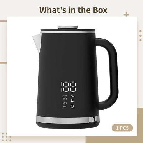 Black electric kettle, 1.7L stainless steel kettle, 1500W rapid heating, with LED display, adjustable temperature, double-walled anti-scalding design, automatic power-off.