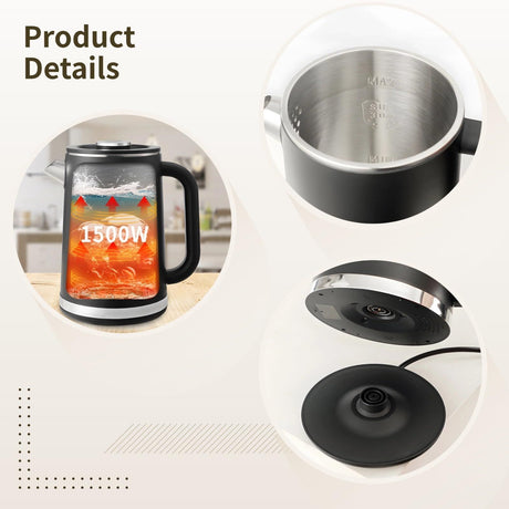 Black electric kettle, 1.7L stainless steel kettle, 1500W rapid heating, with LED display, adjustable temperature, double-walled anti-scalding design, automatic power-off.