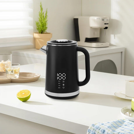 Black electric kettle, 1.7L stainless steel kettle, 1500W rapid heating, with LED display, adjustable temperature, double-walled anti-scalding design, automatic power-off.