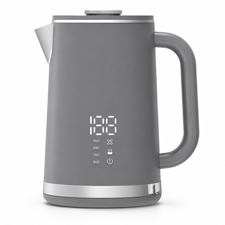 Gray electric kettle, 1.7L stainless steel kettle, 1500W rapid heating, with LED display, adjustable temperature, double-walled anti-scalding design, automatic power-off function, black.