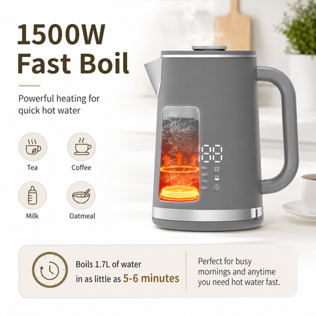 Gray electric kettle, 1.7L stainless steel kettle, 1500W rapid heating, with LED display, adjustable temperature, double-walled anti-scalding design, automatic power-off function, black.