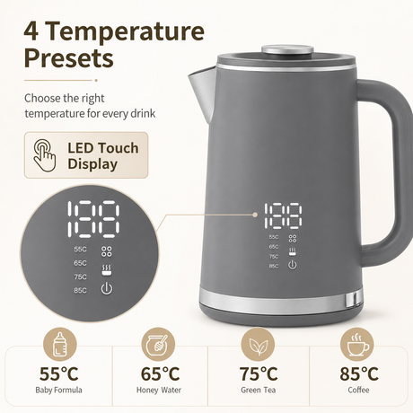 Gray electric kettle, 1.7L stainless steel kettle, 1500W rapid heating, with LED display, adjustable temperature, double-walled anti-scalding design, automatic power-off function, black.