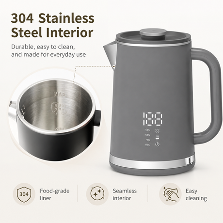 Gray electric kettle, 1.7L stainless steel kettle, 1500W rapid heating, with LED display, adjustable temperature, double-walled anti-scalding design, automatic power-off function, black.