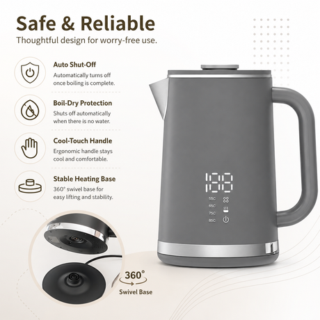 Gray electric kettle, 1.7L stainless steel kettle, 1500W rapid heating, with LED display, adjustable temperature, double-walled anti-scalding design, automatic power-off function, black.