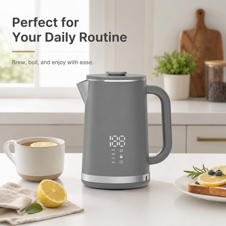 Gray electric kettle, 1.7L stainless steel kettle, 1500W rapid heating, with LED display, adjustable temperature, double-walled anti-scalding design, automatic power-off function, black.