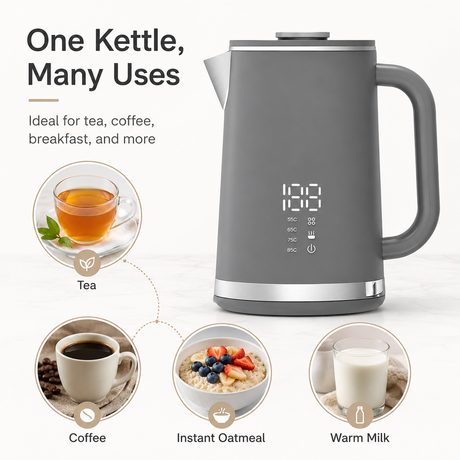 Gray electric kettle, 1.7L stainless steel kettle, 1500W rapid heating, with LED display, adjustable temperature, double-walled anti-scalding design, automatic power-off function, black.