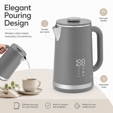 Gray electric kettle, 1.7L stainless steel kettle, 1500W rapid heating, with LED display, adjustable temperature, double-walled anti-scalding design, automatic power-off function, black.