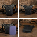 Black men's Genuine Leather Outdoor Sporting Hiking Waist Hip Pack Messenger Shoulder Drop Leg Thigh Bag Pouches