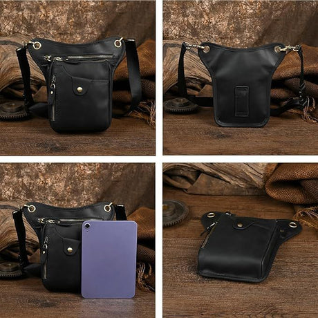 Black men's Genuine Leather Outdoor Sporting Hiking Waist Hip Pack Messenger Shoulder Drop Leg Thigh Bag Pouches
