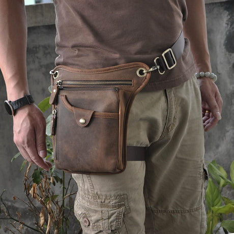 Brown men's Genuine Leather Outdoor Sporting Hiking Waist Hip Pack Messenger Shoulder Drop Leg Thigh Bag Pouches