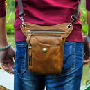 Brown men's Genuine Leather Outdoor Sporting Hiking Waist Hip Pack Messenger Shoulder Drop Leg Thigh Bag Pouches
