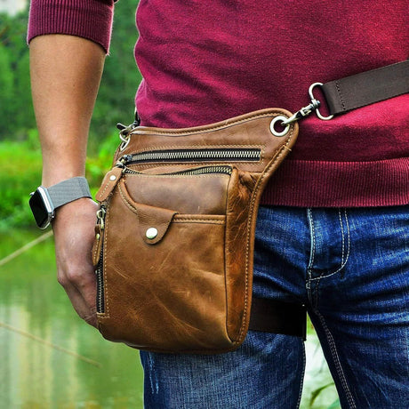 Light brown men's Genuine Leather Outdoor Sporting Hiking Waist Hip Pack Messenger Shoulder Drop Leg Thigh Bag Pouches