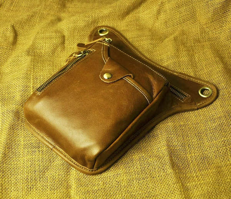 Light brown men's Genuine Leather Outdoor Sporting Hiking Waist Hip Pack Messenger Shoulder Drop Leg Thigh Bag Pouches