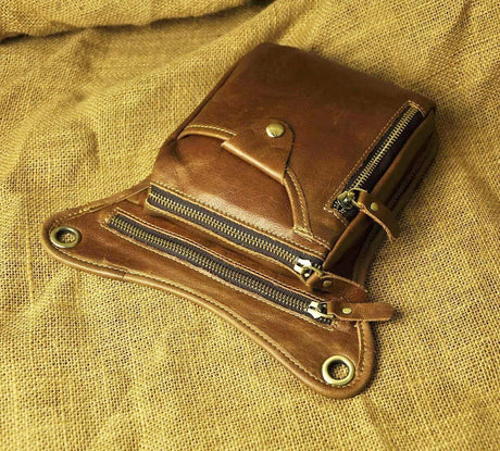 Light brown men's Genuine Leather Outdoor Sporting Hiking Waist Hip Pack Messenger Shoulder Drop Leg Thigh Bag Pouches