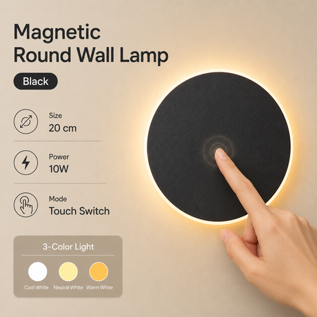 Magnetic Round Wall Lamp 20cm Black, 10W Rechargeable LED Wall Sconce with Touch Control, 3-Color Light, Battery Powered Modern Disc Wall Light for Bedroom Hallway Living Room