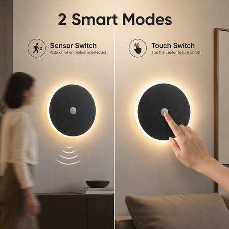 Magnetic Round Wall Lamp 20cm Black, 10W Rechargeable LED Wall Sconce with Touch Control, 3-Color Light, Battery Powered Modern Disc Wall Light for Bedroom Hallway Living Room