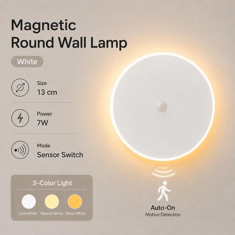 Magnetic Round Wall Lamp 13cm White, 7W Rechargeable LED Wall Sconce with Motion Sensor, 3-Color Light, Battery Powered Modern Disc Wall Light for Hallway Entryway Bedroom