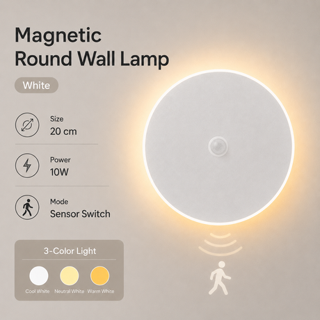 Magnetic Round Wall Lamp 20cm White, 10W Rechargeable LED Wall Sconce with Motion Sensor, 3-Color Light, Battery Powered Modern Disc Wall Light for Hallway Entryway Bedroom