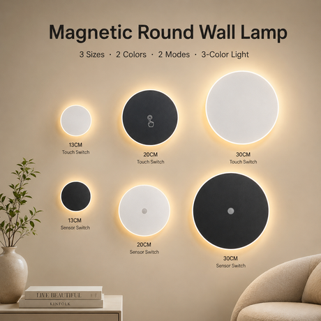 Magnetic Round Wall Lamp 30cm White, 17W Rechargeable LED Wall Sconce with Motion Sensor, 3-Color Light, Battery Powered Modern Disc Wall Light for Hallway Entryway Bedroom