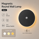 Magnetic Round Wall Lamp 30cm Black, 17W Rechargeable LED Wall Sconce with Motion Sensor, 3-Color Light, Battery Powered Modern Disc Wall Light for Hallway Entryway Bedroom