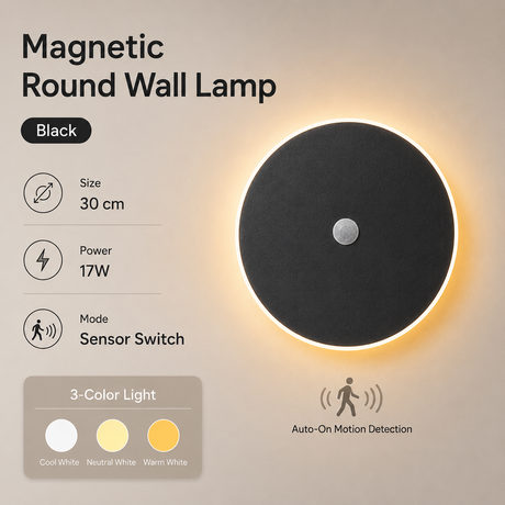Magnetic Round Wall Lamp 30cm Black, 17W Rechargeable LED Wall Sconce with Motion Sensor, 3-Color Light, Battery Powered Modern Disc Wall Light for Hallway Entryway Bedroom