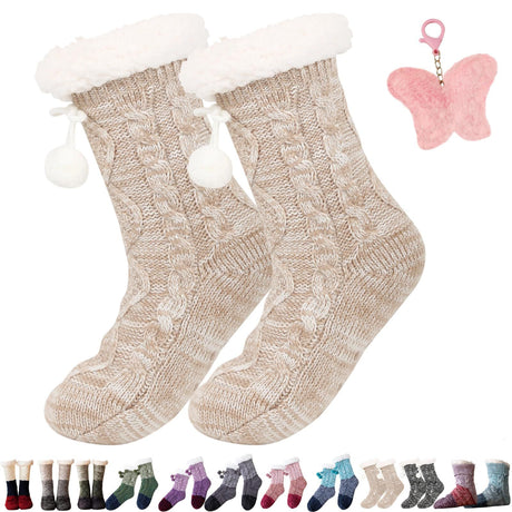 Extra thick white knitted slippers and socks for winter, fluffy cashmere warm floor socks, non-slip, comfortable and warm indoor socks, unisex.