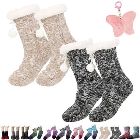 2-Pair Pack of Extra Thick Knitted Slippers and Socks for Winter, Fluffy Cashmere Warm Floor Socks, Non-Slip Comfortable and Warm Indoor Socks, Unisex (Mixed Black + Mixed White)