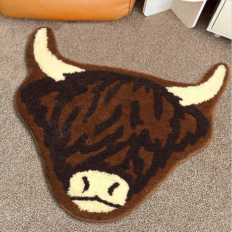 American Style Brown Bull Head Flocked Rug, Bedroom Bedside Rug, Bathroom Doorway Absorbent Mat, Non-Slip Toilet Mat