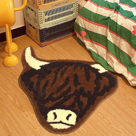 American Style Brown Bull Head Flocked Rug, Bedroom Bedside Rug, Bathroom Doorway Absorbent Mat, Non-Slip Toilet Mat