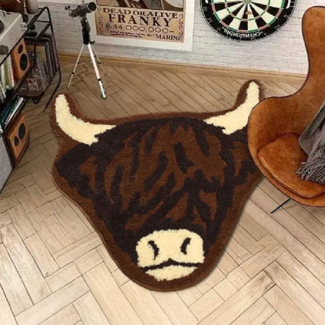 American Style Brown Bull Head Flocked Rug, Bedroom Bedside Rug, Bathroom Doorway Absorbent Mat, Non-Slip Toilet Mat