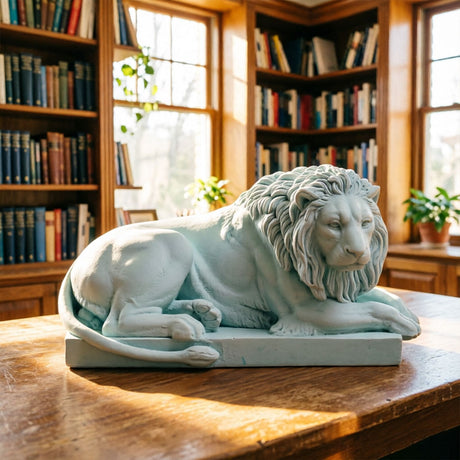 Classic Reclining Lion Sculpture Minimalist Green Plaster Desk Ornament for Living Room, Study, or Office Decoration