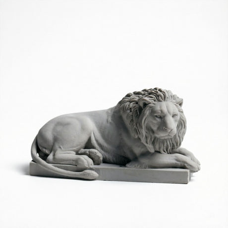 Classic Reclining Lion Sculpture Minimalist Grey Plaster Desk Ornament for Living Room, Study, or Office Decoration