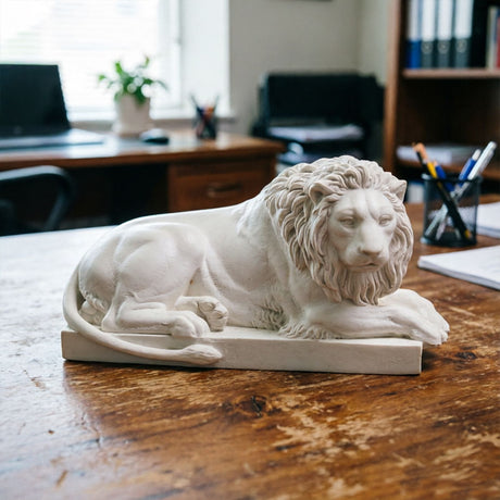 Classic Reclining Lion Sculpture Minimalist White Plaster Desk Ornament for Living Room, Study, or Office Decoration