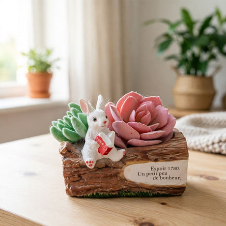 Whimsical Resin Bunny Planter - Cute Rabbit with Book on Tree Stump Design, Mini Succulent Pot for Indoor & Outdoor Garden Decor
