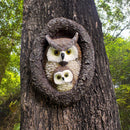 Owl with Tree Hole Statue – Weather-Resistant Resin Garden Decor with Natural Bark Texture – Outdoor Wall Hanging Ornament for Yard, Patio, and Forest Theme Decoration