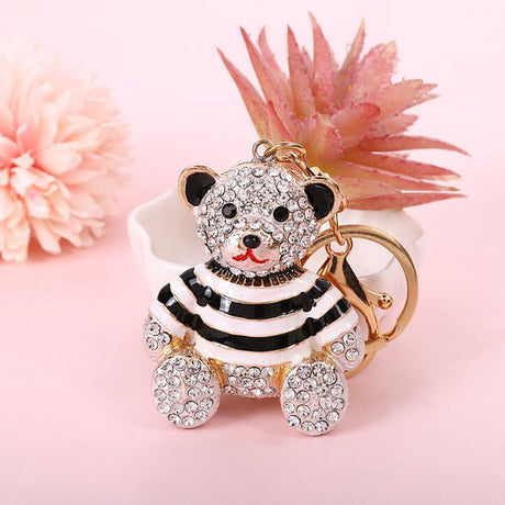 Black Stripe Crystal Bear Keychain Cute Alloy Keyring Gift 2-Pack